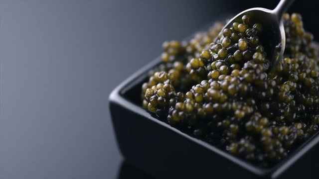 Black Caviar in a spoon. Natural sturgeon black caviar closeup. Delicatessen. Slow motion. 3840X2160 4K UHD video footage