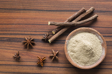 licorice root and flour and anise on the table