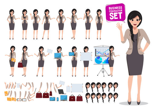 Woman Business Character Vector Set. Female Office Worker  Standing With Various Poses And Hand Gestures For Business Presentation. Vector Illustration.