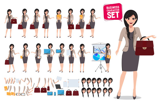 Woman business character vector set. Female office worker holding bag with various poses and hand gestures for business presentation. Vector illustration.