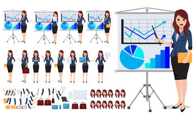 Female business character vector set. Office woman talking and showing business presentaion chart in white board with various pose and gesture. Vector illustration.
