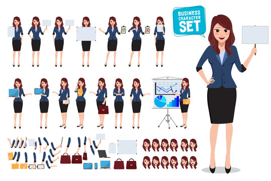 Female business character vector set. Office woman talking and holding blank white board and placard with various posture and gestures for business presentation. Vector illustration. 