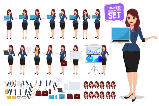 Female business character vector set. Office woman talking and holding laptop screen with various pose and gesture for business presentation. Vector illustration.