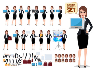 Female business characters set with office woman showing laptop screen and talking in various pose and gesture for business presentation and design elements. Vector illustration.