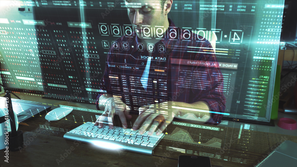 Fototapete A programer hacker trying to breached the computer security by using algorithm source code to exploit weakness in password security