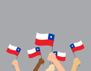 Vector illustration hands holding Chile flags isolated on gray background