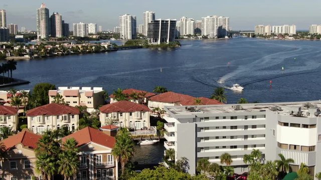 Aerial of Luxury Homes and Condos along Sunny Isles Beach, Southern Golden Beach and Prive Island near Aventura, Miami, Florida.