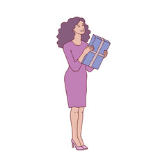 Vector sketch woman in pink dress standing with positive emotions holding present box. Excited female character at her birthday, anniversary or christmas and new year holiday party