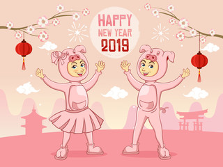 Happy chinese new year 2019 greeting card. The year of the pig. cute cartoon kids wearing a piggy costume with cherry blossom (sakura) branch and lanterns