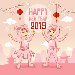 Happy chinese new year 2019 greeting card. The year of the pig. cute cartoon kids wearing a piggy costume with cherry blossom (sakura) branch and lanterns