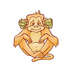 Vector illustration of monkey dont hear because of stack of green banknotes in his ears in sketch style isolated on white background - hand drawn wild animal with ears covered with money.