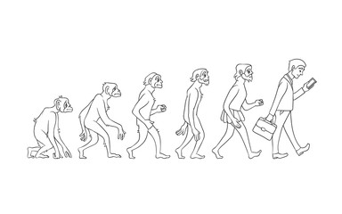Fototapeta na wymiar Vector evolution concept with monochrome ape to man growth process with monkey, caveman to businessman in suit holding suitcase using smartphone. Mankind development, darwin theory