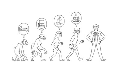 Vector illustration set of morning evolution of man from waking up in bed as monkey to self-collected person ready for effective work in hand drawn line black and white style isolated on white.