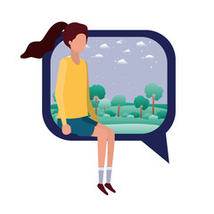 young woman sitting on speech bubble with landscape