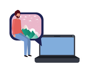 device screen with young man sitting avatar character