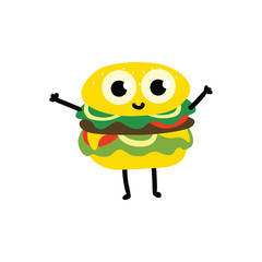 Fototapeta premium vector cute burger character, humanized fresh gamburger with vegetables, fastfood object with face, arms and legs smiling for kids restaurant menu. Isolated illustration