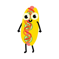 vector cute hotdog character, humanized snack with mustard, fastfood object with face, arms and legs smiling for kids restaurant menu. Isolated illustration