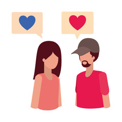 young couple with speech bubble avatar character
