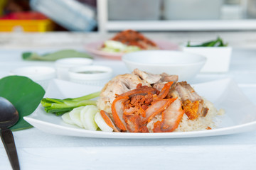 Hainanese chicken rice , gourmet steamed chicken with rice