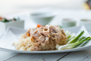 Hainanese chicken rice , gourmet steamed chicken with rice