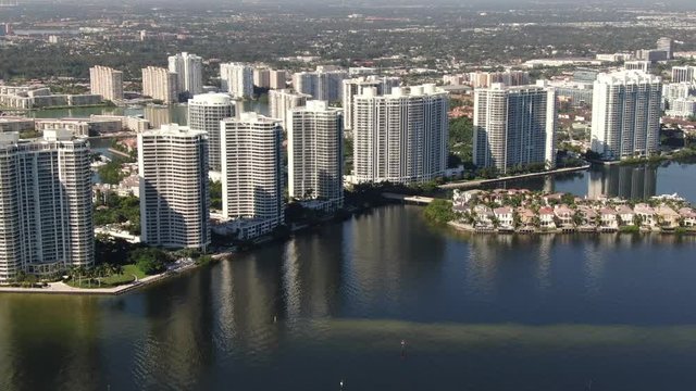 Aerial of Luxury Homes and Condos along Sunny Isles Beach, Southern Golden Beach and Prive Island near Aventura, Miami, Florida.