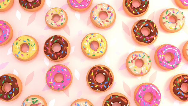 Sweet tasty donuts with colorful sprinkles view from above. 3d rendering picture.