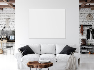Frame mockup. Living room interior wall mockup. Wall art. 3d rendering, 3d illustration.