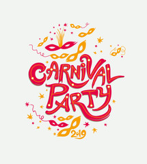 Carnival Party. Title with Colorful Masks ribbons and stars confettii. Vector themed logo Carnival 2019.