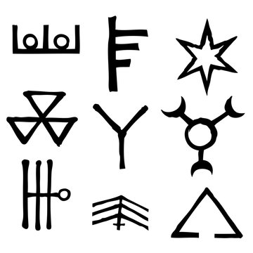 Wiccan symbols imaginary cross symbols, inspired by antichrist pentagram and witchcraft. Vector.
