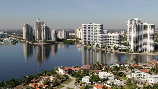 Aerial of Luxury Homes and Condos along Sunny Isles Beach, Southern Golden Beach and Prive Island near Aventura, Miami, Florida.