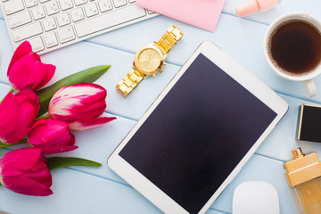 Still life of fashion woman, objects on white background