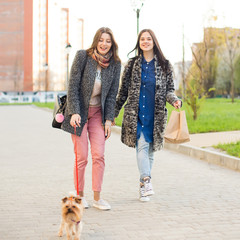 Friends are happy shopping, walking near shopping centers