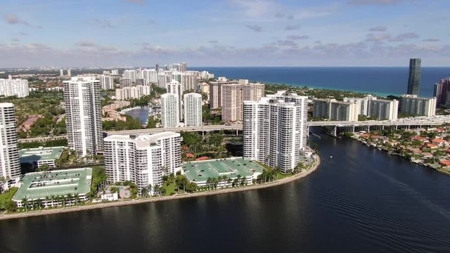 Aerial of Luxury Homes and Condos along Sunny Isles Beach, Southern Golden Beach and Prive Island near Aventura, Miami, Florida.
