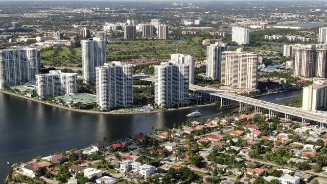 Aerial of Luxury Homes and Condos along Sunny Isles Beach, Southern Golden Beach and Prive Island near Aventura, Miami, Florida.