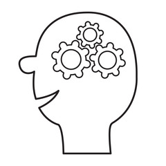 Human head face. Line silhouette. Gears wheels inside brain. Team work business concept. Thinking process. Flat design. Isolated. White background.