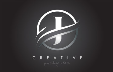J Letter Logo Design with Circle Steel Swoosh Border and Creative Icon Design.