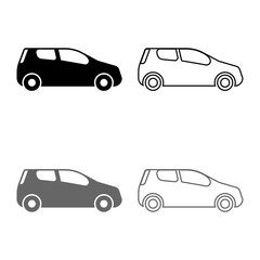 Mini car Compact shape for travel racing icon set grey black color illustration outline flat style simple image