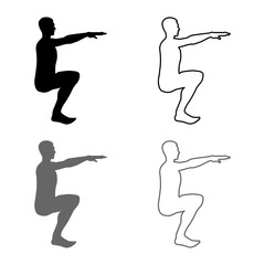 Fototapeta na wymiar Crouching Man doing exercises crouches squat Sport action male Workout silhouette side view icon set grey black color illustration outline flat style simple image