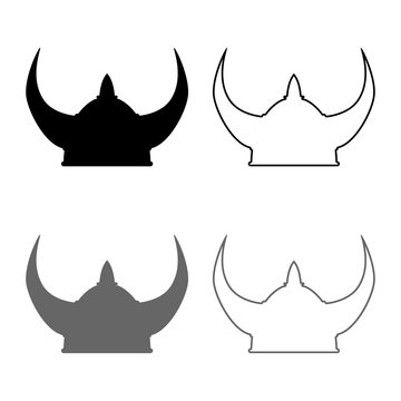 Viking helmet icon set grey black color illustration outline flat style simple image
