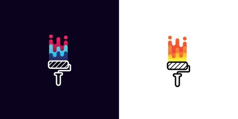 Corporate logo brush roller with multicolored paint on white and black background. Idea for company style, label or emblem design element. Colored paint roller isolated on white and black background