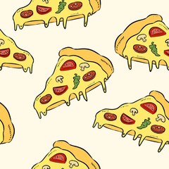 Hand draw pizza. Doodle pizza seamless pattern background. Fast food seamless vector pattern.