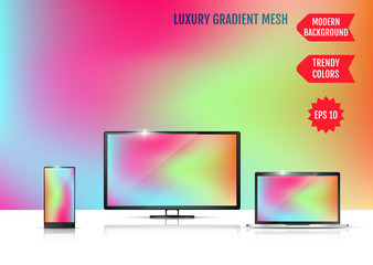 Trendy colorful abstract background. Gradient mesh. Modern Luxury concept. Abstract Cover. An example of the use of the proposed background on the screen of a laptop, smartphone and TV