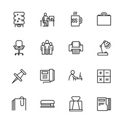 Simple set symbols business, career and teamwork. Contains such icon business office, water cooler, workplace, boss cup, briefcase, team, telephone, computer, paper documents.