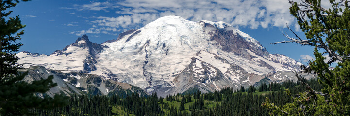 Summer Panorama of World Famous Mt Rainier Glaciers
