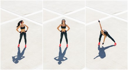 Young, fit and sporty woman doing sports at the stret. Fitness, sport, urban jogging and healthy lifestyle concept.