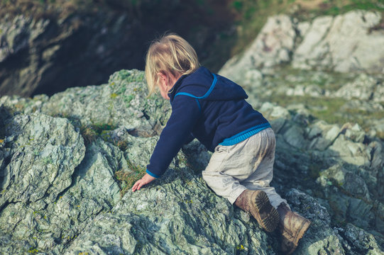 Little toddler climbing a rock in nature