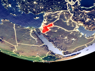 Satellite view of Jordan from space at night. Beautifully detailed plastic planet surface with visible city lights.
