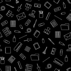 Vector seamless pattern with white outline stationery on black background. Stationery tools seamless pattern.