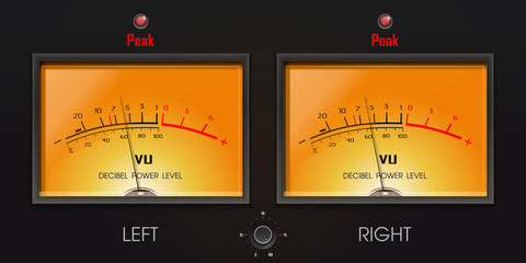 Analog VU meter with peak LED. Decibel power level. A volume unit - VU meter left and right. Device displaying a representation of the signal level in audio equipment. Vector illustration - obrazy, fototapety, plakaty