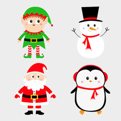 Santa Claus Elf Snowman Penguin set. Happy New Year. Merry Christmas. Red green black hat. Cute cartoon funny kawaii baby character. Greeting card. Flat design. Gray background.
